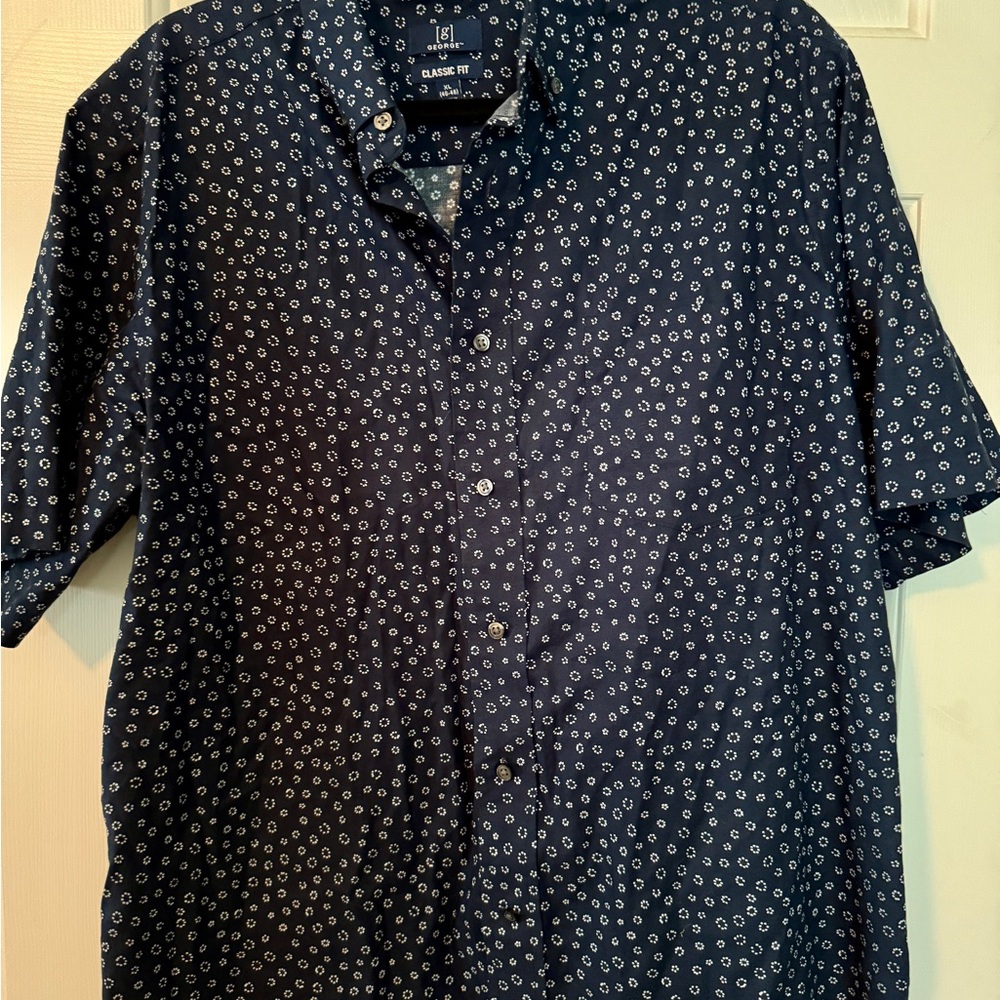 George Classic Fit Button-Up Shirt XL (46-48) Navy Blue Floral Print